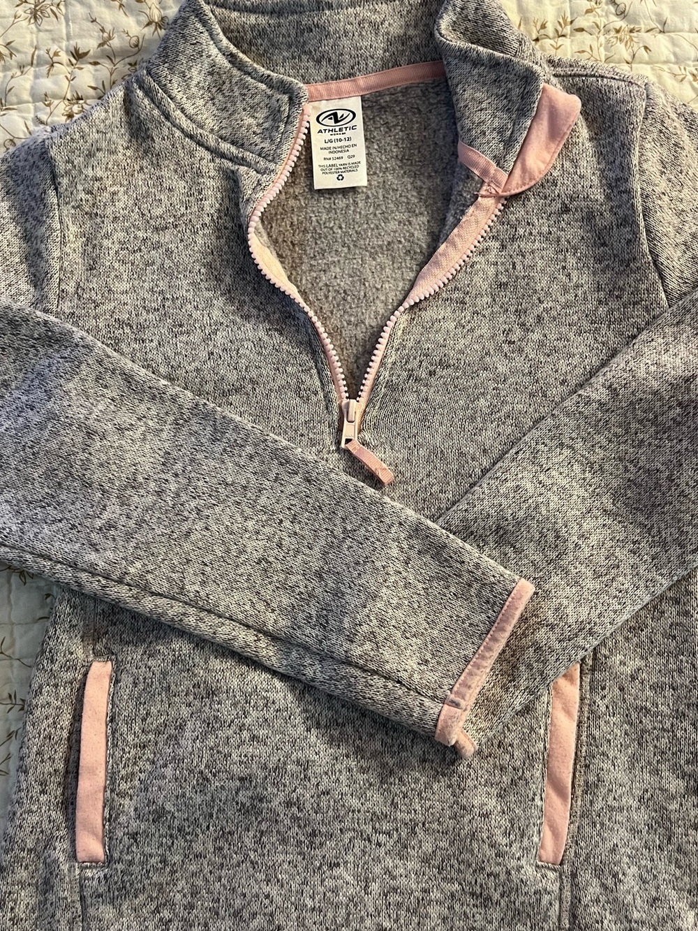 Athletic Works Heather Gray Pullover Quarter-Zip Sweater with Pink Trim